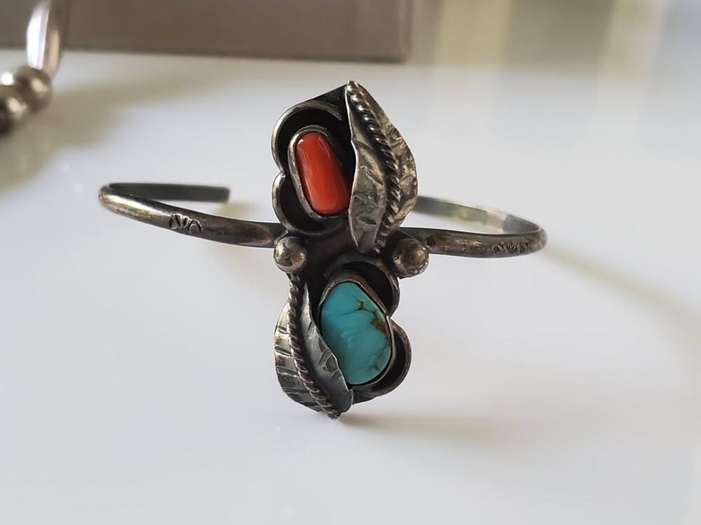Vintage Turquoise and Coral Navajo Sterling Child Bracelet
